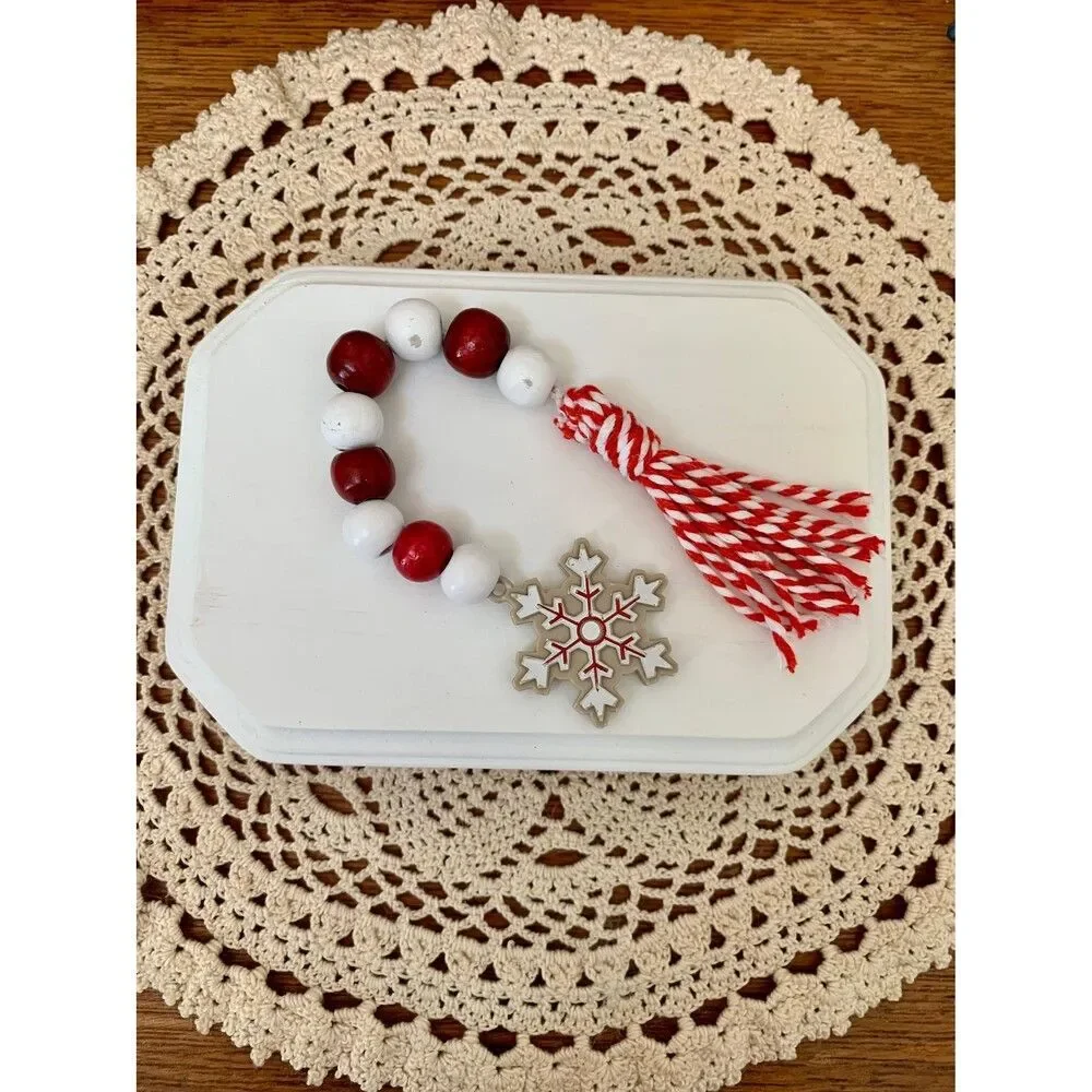Christmas Bead Garland, Red & White Beads, Snowflake & Tassel Tiered Tray Decor